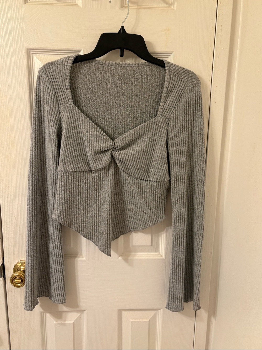 SHEIN Gray Ribbed Twist-Front V-Neck Sweater